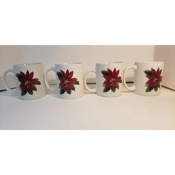 Set of 4 Poinsettia Coffee Mugs Holiday Christmas Floral White Red Green - Picture 1 of 14